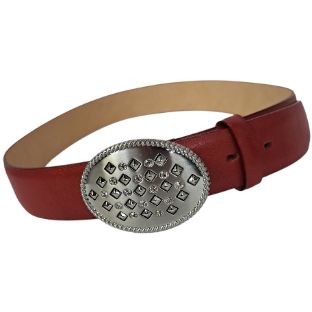 Canterbury Golf Leather Red Belt  Oval Studded Rhinestone‎ Silver-Tone Buckle